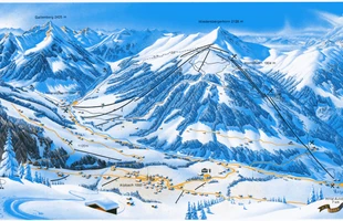 Harta pârtiilor de ski din Alpbach. Alpbachtal. Atribute: la vale, nordic. Publicată în 1985.