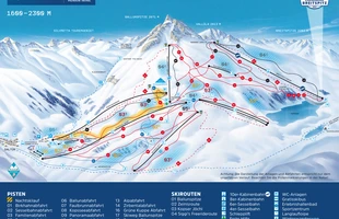 Harta pârtiilor de ski din Ischgl. Harta pistelor Galtur 2016/17. Atribute: la vale. Publicată în 2016.