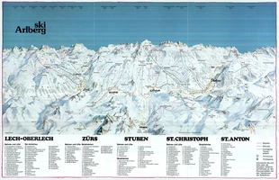 Harta pârtiilor de ski din St. Anton am Arlberg. Înlocuiește scanarea pe care am trimis-o mai devreme. Atribute: la vale. Publicată în 1985.