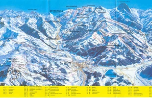 Harta pârtiilor de ski din Kitzbühel. Atribute: la vale. Publicată în 1987.