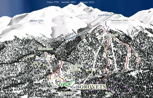 Harta pârtiilor de ski din Borovets. Atribute: la vale. Publicată în 2009.