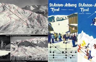 Harta pârtiilor de ski din St. Anton am Arlberg. Atribute: la vale. Publicată în 1955.