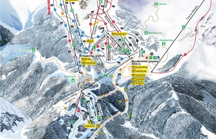 Harta pârtiilor de ski din Bansko. Atribute: la vale. Publicată în 2018.
