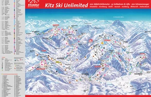 Harta pârtiilor de ski din Kitzbühel. Atribute: la vale. Publicată în 2009.