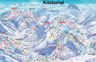 Harta pârtiilor de ski din Kitzbühel. Harta pistelor pentru sezonul 1991/92.. Atribute: la vale. Publicată în 1991.