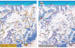 Harta pârtiilor de ski din Ischgl. Circuite de alergare a contrabandiştilor pentru sezonul 2018/19. Atribute: la vale. Publicată în 2018.