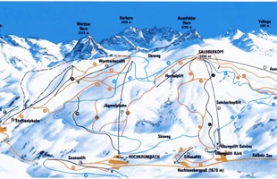 Harta pârtiilor de ski din St. Anton am Arlberg. Warth. Atribute: la vale. Publicată în 1985.