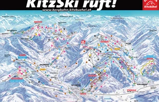 Harta pârtiilor de ski din Kitzbühel. Atribute: la vale. Publicată în 2015.