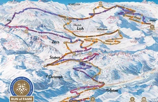 Harta pârtiilor de ski din St. Anton am Arlberg. Run of Fame (65 km buclă de schi). Atribute: la vale. Publicată în 2016.