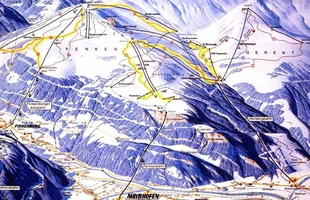 Harta pârtiilor de ski din Mayrhofen. Mayrhofen-Finkenberg. Atribute: la vale. Publicată în 1994.