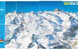 Harta pârtiilor de ski din Ischgl. Ischgl. Atribute: la vale. Publicată în 1984.