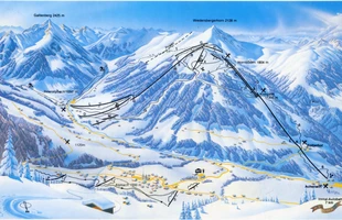 Harta pârtiilor de ski din Alpbach. Alpbachtal. Atribute: la vale, nordic. Publicată în 1988.