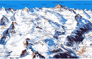 Harta pârtiilor de ski din Ischgl. Ischgl și Samnaun. Atribute: la vale. Publicată în 1985.