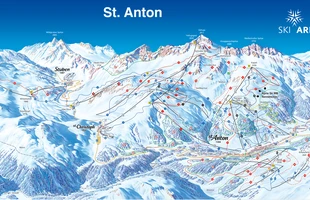 Harta pârtiilor de ski din St. Anton am Arlberg. Harta pistelor pentru sezonul 2008/9.. Atribute: la vale. Publicată în 2009.