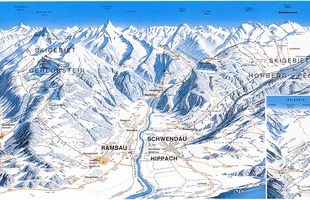 Harta pârtiilor de ski din Mayrhofen. Atribute: la vale. Publicată în 1998.