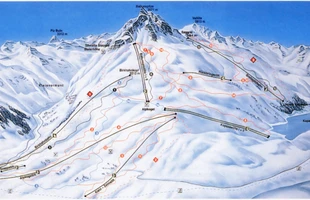 Harta pârtiilor de ski din Ischgl. Galtür. Atribute: la vale, nordic. Publicată în 1995.