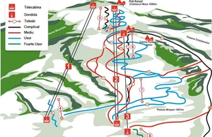 Harta pârtiilor de ski din Poiana Brașov. Atribute: la vale. Publicată în 2000.