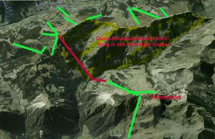 Harta pârtiilor de ski din Zell am See. Hartă care arată locațiile gondalelor propuse pentru a lega Fieberbrunn cu Saalbach-Hinterglemm. Atribute: Planul principal. Publicată în 2015.