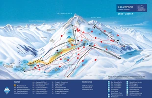 Harta pârtiilor de ski din Ischgl. Harta de piste pentru Galtur pentru sezonul 2013/14. Atribute: la vale. Publicată în 2013.