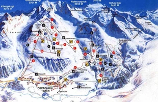 Harta pârtiilor de ski din Obergurgl. Obergurgl. Atribute: la vale, nordic. Publicată în 1996.