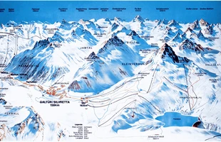 Harta pârtiilor de ski din Ischgl. Galtür. Atribute: la vale, nordic. Publicată în 1985.