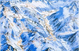 Harta pârtiilor de ski din St. Anton am Arlberg. Atribute: la vale. Publicată în 1995.