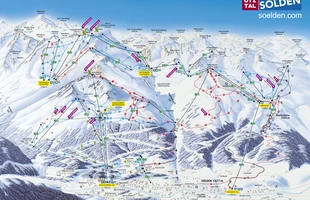 Harta pârtiilor de ski din Sölden. Atribute: la vale. Publicată în 2015.