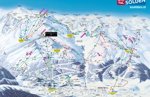 Harta pârtiilor de ski din Sölden. Atribute: la vale. Publicată în 2020.