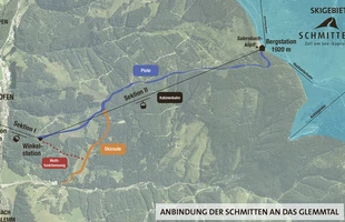 Harta pârtiilor de ski din Zell am See. Hartă care arată locațiile Gondalelor propuse pentru a lega Zell am See cu Saalbach-Hinterglemm. Atribute: Planul principal. Publicată în 2016.