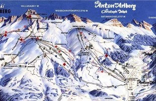 Harta pârtiilor de ski din St. Anton am Arlberg. Atribute: la vale. Publicată în 1994.