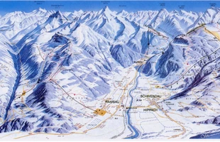 Harta pârtiilor de ski din Mayrhofen. Atribute: la vale. Publicată în 1995.