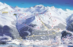 Harta pârtiilor de ski din Ischgl. Vezi harta pistelor 2017/18. Atribute: la vale. Publicată în 2017.