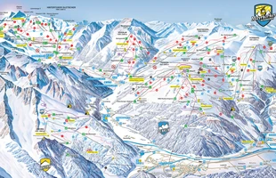 Harta pârtiilor de ski din Mayrhofen. Atribute: la vale, drumeții, nordic. Publicată în 2019.