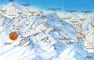 Harta pârtiilor de ski din Sölden. Zona de schi Sölden Glacier. Atribute: la vale. Publicată în 2001.