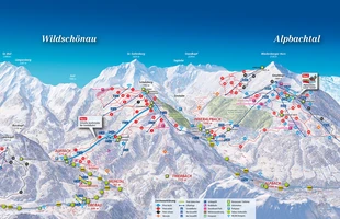 Harta pârtiilor de ski din Alpbach. Atribute: la vale, nordic. Publicată în 2018.