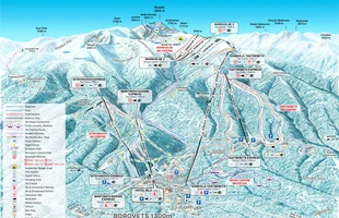 Harta pârtiilor de ski din Borovets. Versiune în limba engleză. Atribute: la vale, drumeții, nordic. Publicată în 2020.