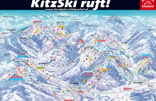 Harta pârtiilor de ski din Kitzbühel. Atribute: la vale. Publicată în 2012.