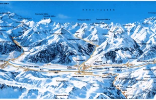 Harta pârtiilor de ski din Kitzbühel. Treceți Thurn și Weißsee Gletscherwelt. Atribute: la vale, nordic. Publicată în 1985.