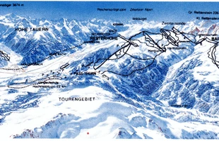 Harta pârtiilor de ski din Kitzbühel. Mittersill, Jochberg. Atribute: la vale, nordic. Publicată în 1998.