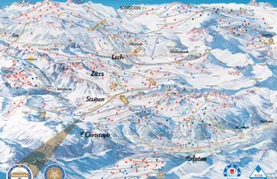 Harta pârtiilor de ski din St. Anton am Arlberg. 2016-17. Atribute: la vale. Publicată în 2016.