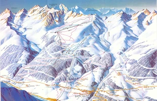 Harta pârtiilor de ski din Ischgl. Kappl. Atribute: la vale. Publicată în 1982.