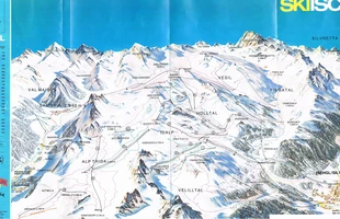 Harta pârtiilor de ski din Ischgl. Atribute: la vale. Publicată în 1982.