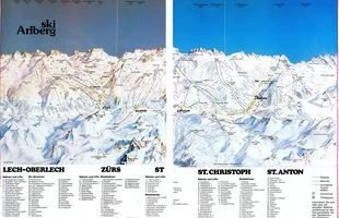 Harta pârtiilor de ski din St. Anton am Arlberg. Atribute: la vale. Publicată în 1985.