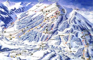 Harta pârtiilor de ski din Alpbach. Alpbachtal. Atribute: la vale. Publicată în 1998.