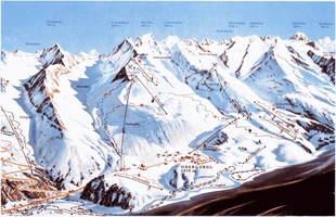 Harta pârtiilor de ski din Obergurgl. Obergurgl. Atribute: la vale, nordic. Publicată în 1983.