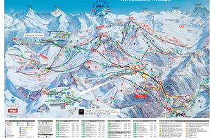 Harta pârtiilor de ski din Ischgl. Arena Silveretta este în Austria, nu în Elveția.. Atribute: la vale. Publicată în 2011.