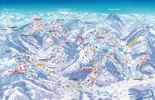 Harta pârtiilor de ski din Kitzbühel. Atribute: la vale. Publicată în 2008.