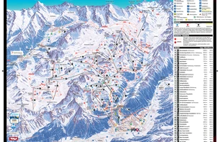 Harta pârtiilor de ski din Ischgl. Harta de piste pentru sezonul 18/19. Atribute: la vale. Publicată în 2018.