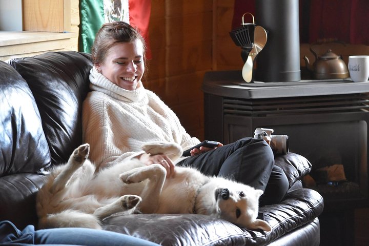 snuggling with Huskies in the living room in the main lodge