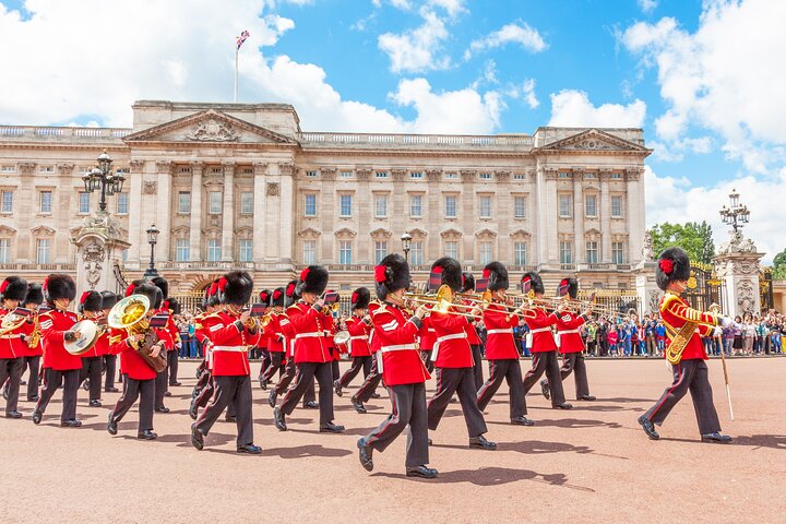 The band of the Coldstream Guards leading the Changing of the Guard at Buckingham Palace